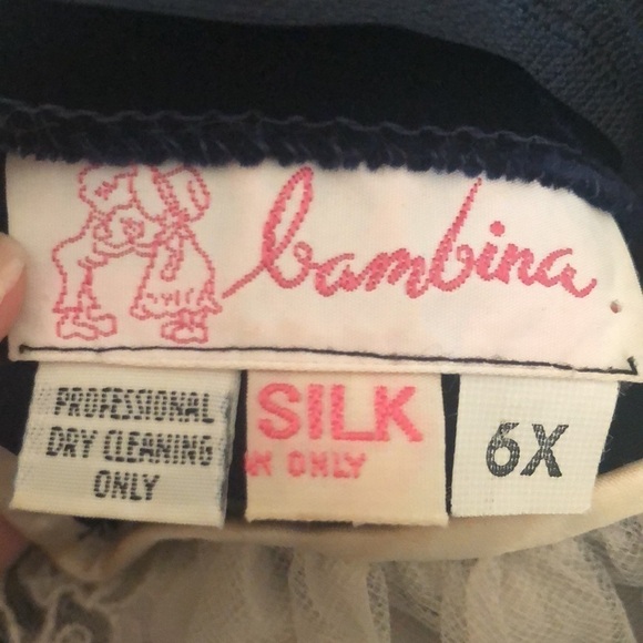 Vintage VTG Girls Bambina Silk Velvet Midnight Blue Dress SS Lace Yolk 6X Flaw - Picture 8 of 8